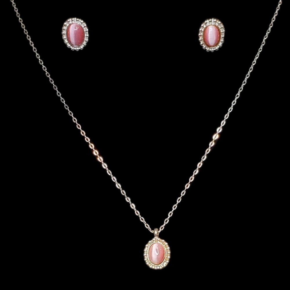 Vintage Silver-Tone Oval Pink Glass Cat's Eye Cabochon Earring & Necklace Set